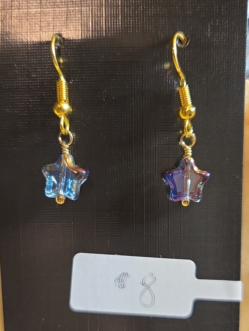 Gold Hook Earrings with Blue-Purple Star Glass Drops: A